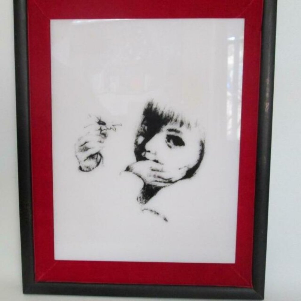 Vintage Framed Lucite Tile Silkscreen Print Picture Girl With Daisy 9 x 11.5"